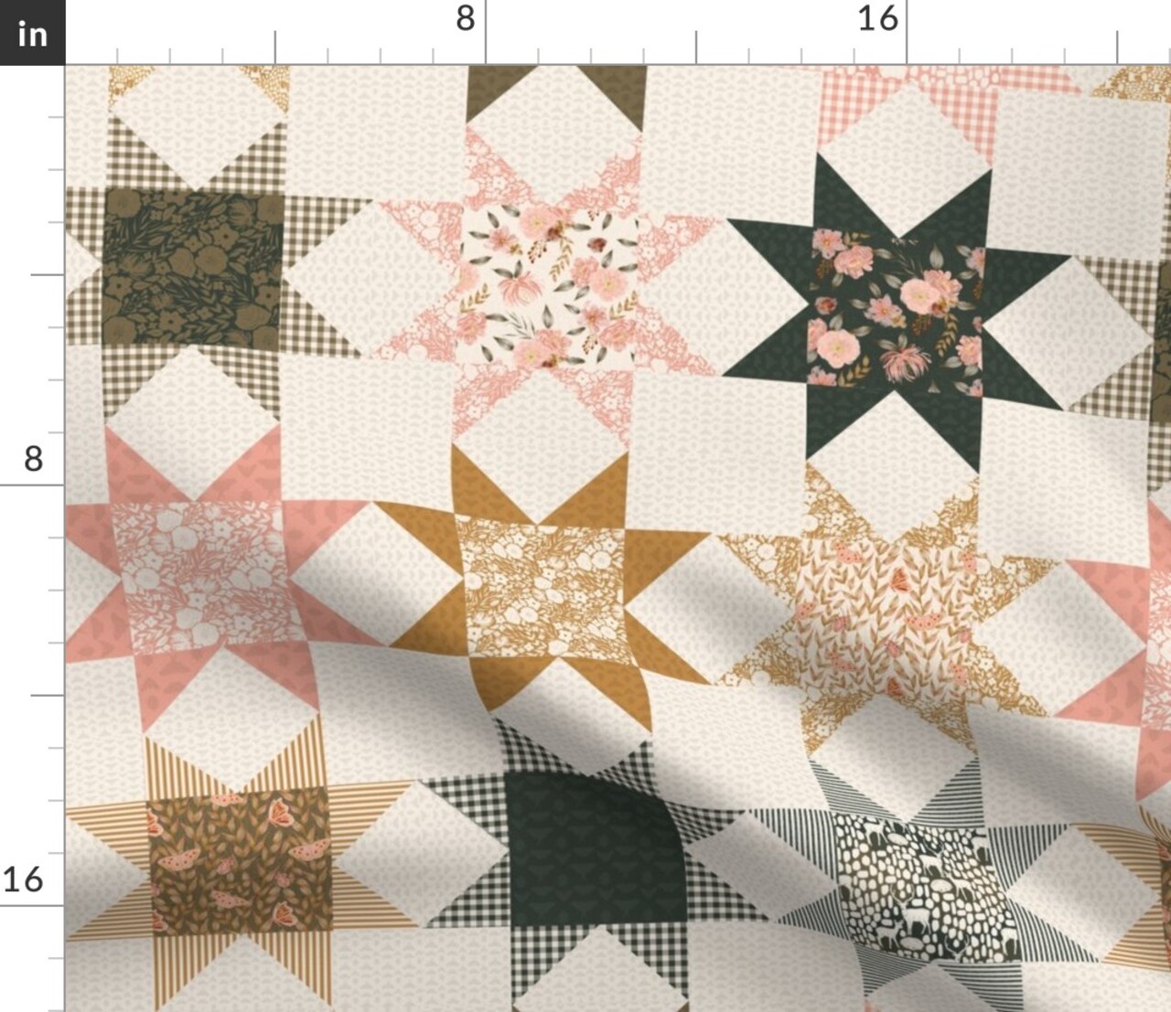 Sawtooth Star Pink Green Cheater Quilt Boho Floral Butterfly Deer Cottagecore Geometric Blocks Custom Printed Fabric by Spoonflower Various Fabrics by the Yard or Fat Quarter